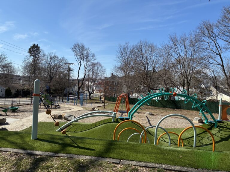 Viscolosi Park playground at the top of the synthetic turf berm in March
