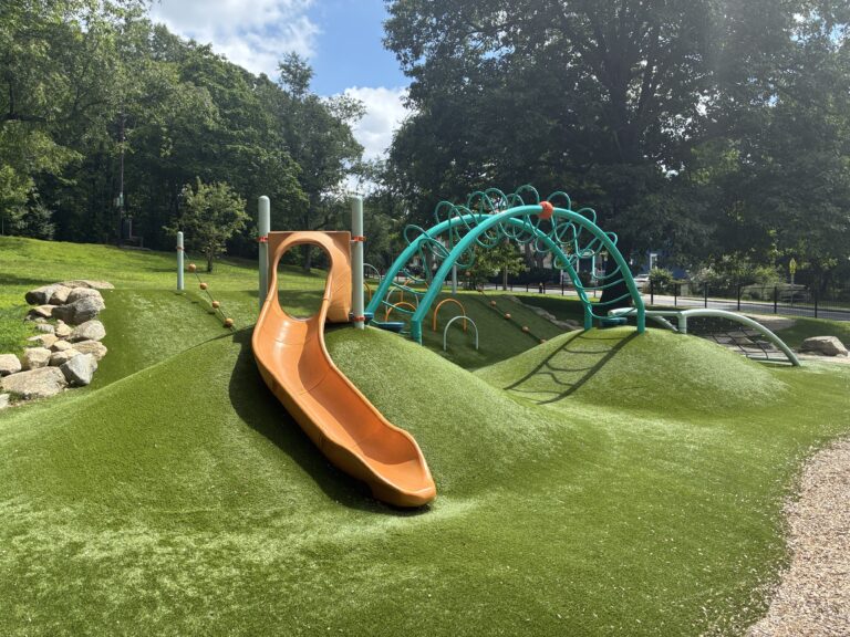Viscolosi Park synthetic turf berm with slide and play structures for ages 5-12