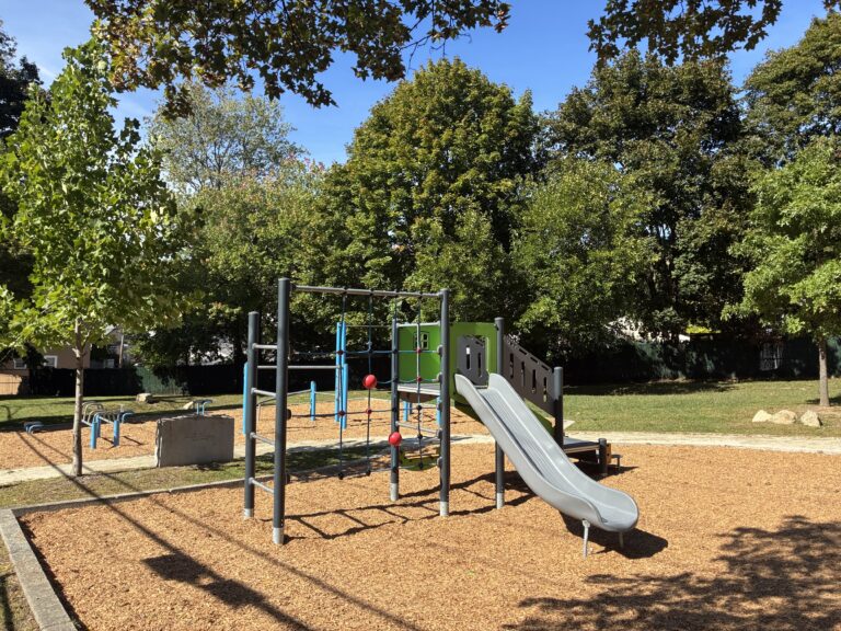 Viscolosi Park play structure for ages 2-5 includes a slide accessible via transfer stairs, cargo net, and accessible storefront activity panel